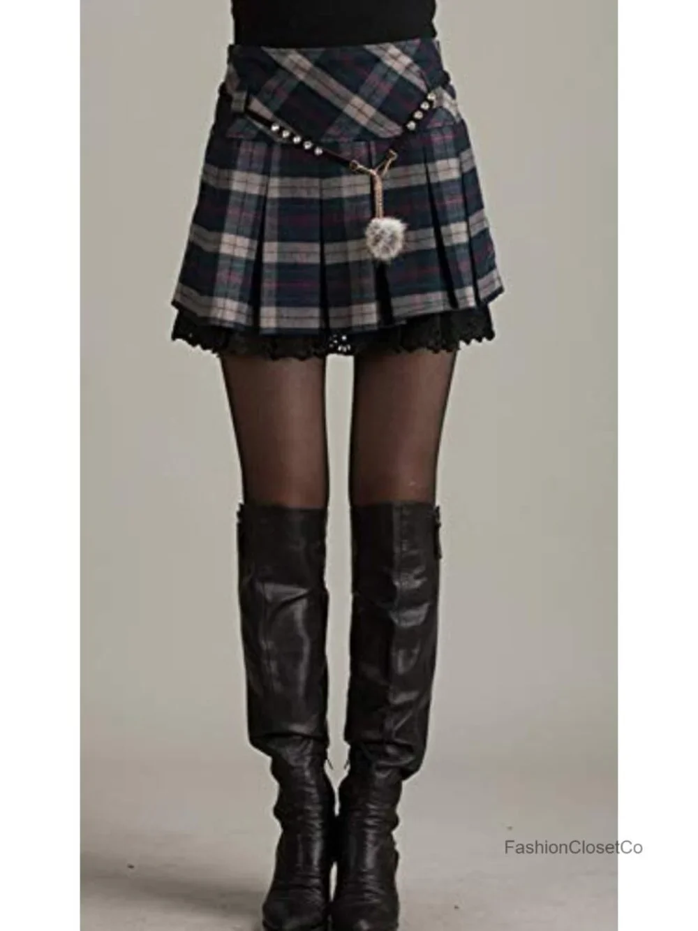 Women's A-Line Plaid Wool Blend Pleated Skirt with Side Zipper